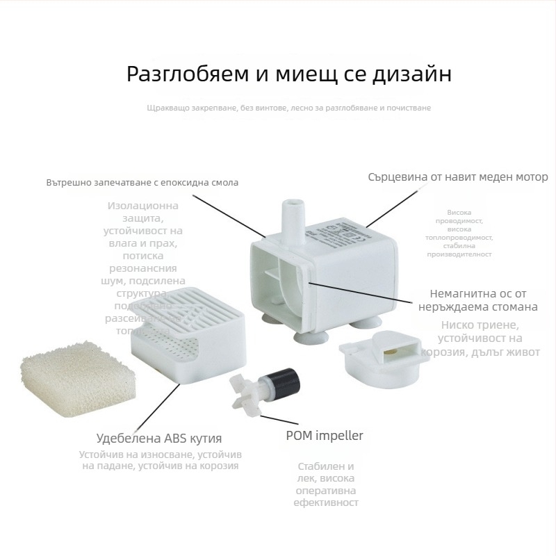 Безшумна подводна помпа за фонтан за домашни любимци, 5V 1A, котешки фонтан с осветление и защита от пресъхване