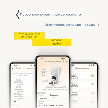Wi‑Fi автоматична хранилка за домашни любимци с камера за кучета и котки, разпределя суха храна, управление чрез приложение, подходяща за дневна стая