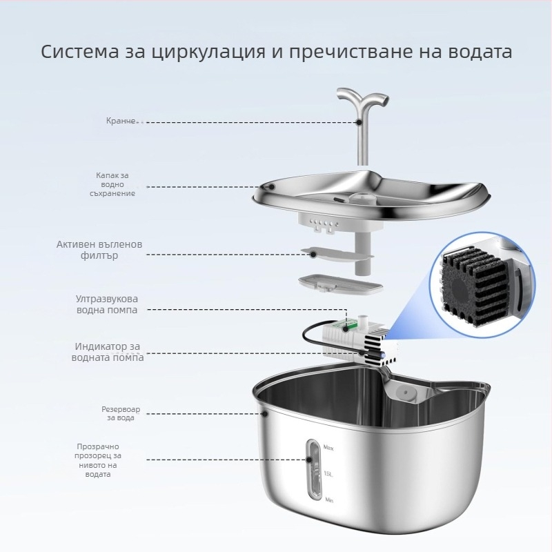 Котешка аквафонтан за домашни любимци, безшумен режим, модел K15, със сваляема част, подходящ за кучета и котки, материал от хранителен клас.