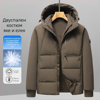 Мъжко пухено яке с качулка, дебела изолация, съдържание на пух 86-90% (бял патешки пух), сваляема подплата, преден цип, свободен силует
