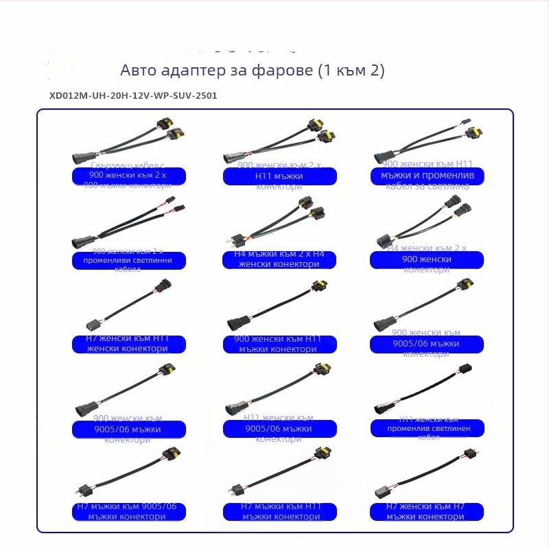 Автомобилен адаптер за фарове: кабел 9006 женски към двойни 9006/9005 мъжки, 12V, 35-55W, 9006 към двойна глава, типове крушки 9006/9005/9012