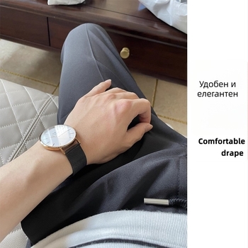 Официални мъжки панталони, лек бизнес стил, прав крак, еластична талия с връзка, 95% полиестер