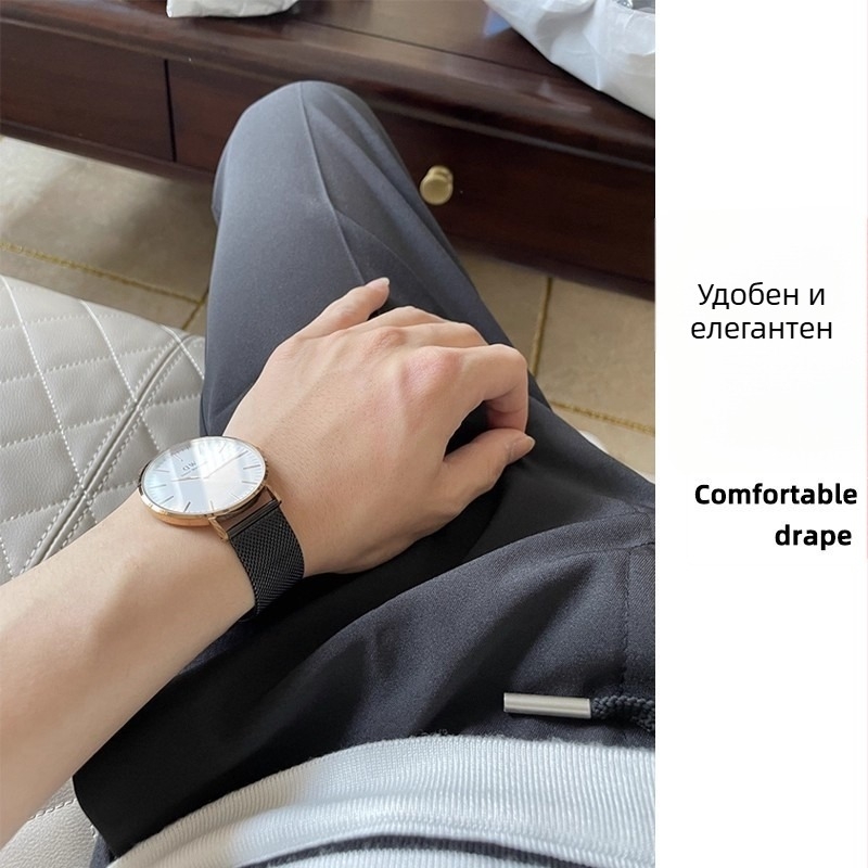 Официални мъжки панталони, лек бизнес стил, прав крак, еластична талия с връзка, 95% полиестер