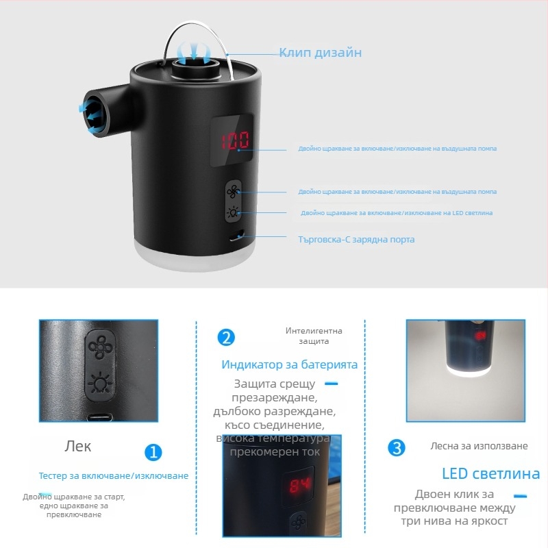 Помпа за въздух с цифров дисплей и осветление — преносима електрическа помпа за открито, предназначена за въздушен матрак, плувен пръстен и въздушна възглавница