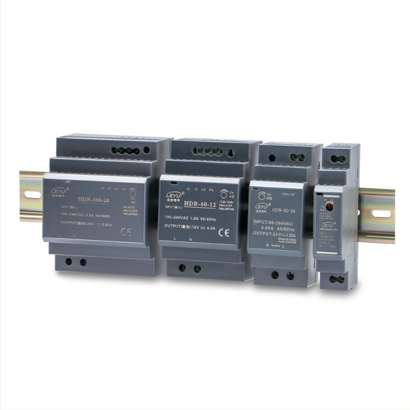 Захранване за релсов монтаж HDR-15/30/60/100W, AC/DC, PWM управление, вход 85–264VAC, изход 5–48V, 0.63–3A