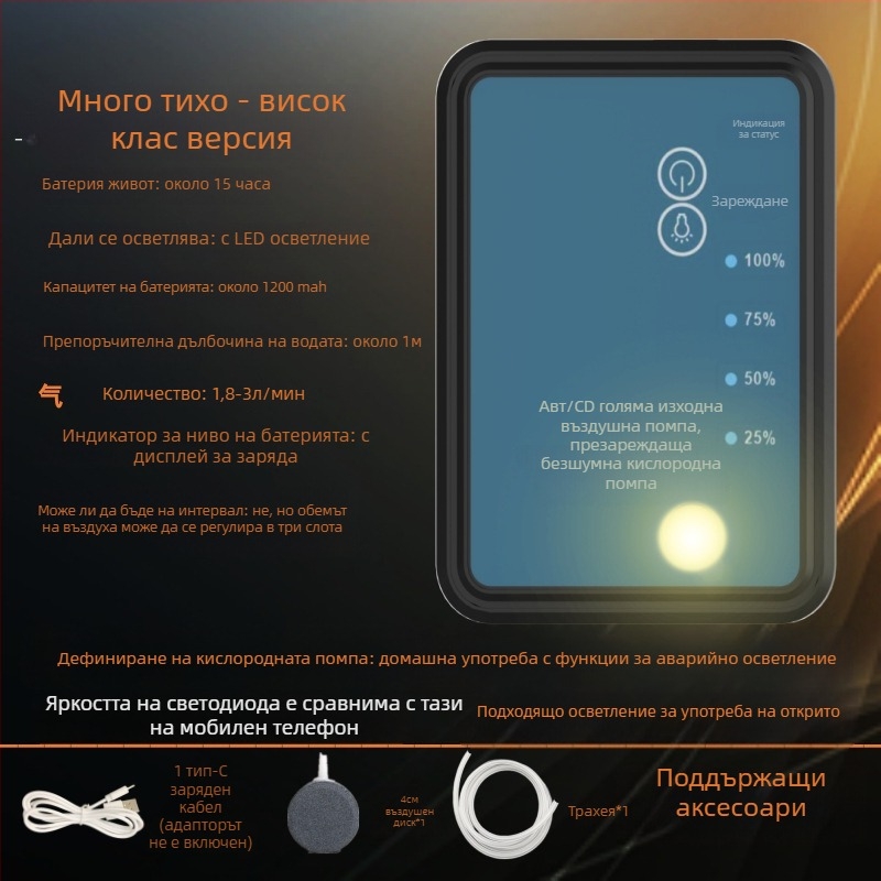 Двуфункционална презареждаща се кислородна помпа с LED осветление за риболов, USB помпа за кислород с многоскоростно регулиране