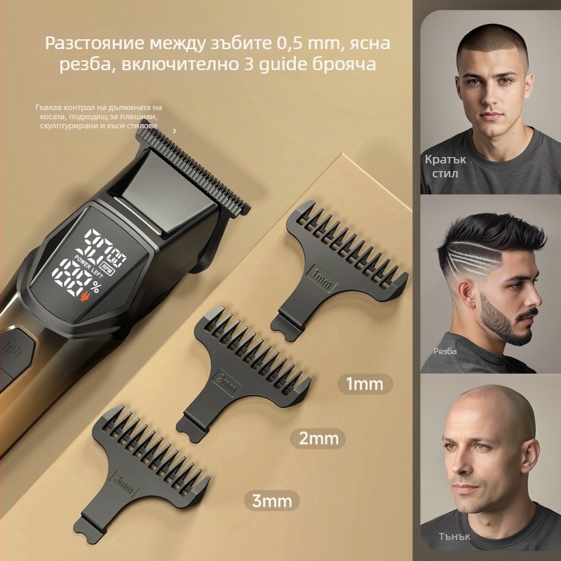 Домашен електрически подстригвач с LED осветление, мотор с четки, ножове от неръждаема стомана, вградена батерия 1200–2000 мАч, цифров дисплей, бързо зареждане