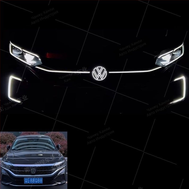 Светеща VW емблема за Sagitar, Passat, Magotan, Golf и Tiguan L – ABS пластмаса; монтаж без увреждане в зоната на радиатора; съвместима с модели 2012–2025