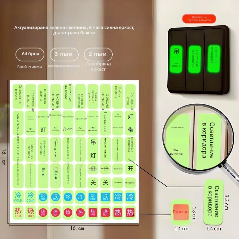 Стикер за означаване на светлинен ключ – светещ за електрически табло и слаботоково табло, декоративен стенен аксесоар, модерен минималистичен стил