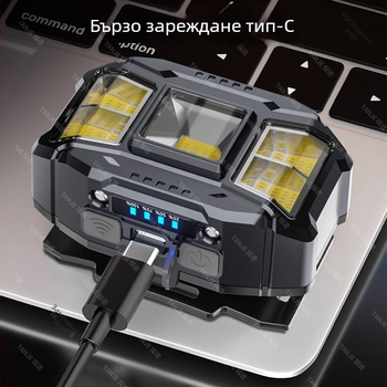 Фенер за глава с прожектор, 30W, LED+COB, червена светлина, въртене на 360°, сменяеми батерии