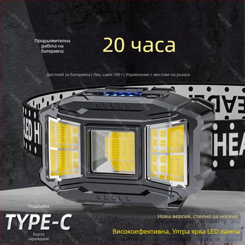 Фенер за глава с прожектор, 30W, LED+COB, червена светлина, въртене на 360°, сменяеми батерии
