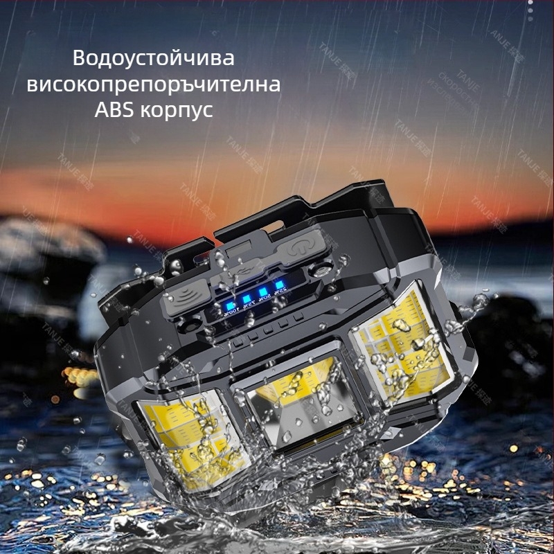 Фенер за глава с прожектор, 30W, LED+COB, червена светлина, въртене на 360°, сменяеми батерии