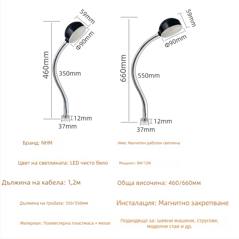 LED работна лампа за машини с мощна магнитна база за шевни машини – индустриална универсална настолна лампа за машини, 220V/24V (Brand: Nine; LED; Магнитна база; Напрежение: 220V/24V; За шевни машини)