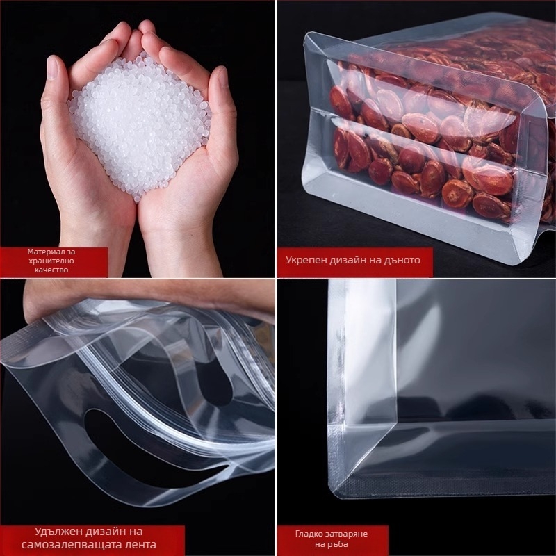 Прозрачен самостоятелен пакет с осемстранично запечатване, матов завършек и цип (PET+PE; хранителна опаковка; дължина на запечатване 5–20 cm; лиценз Guangdong XK-16-204-11317)