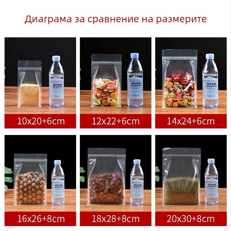 Прозрачен самостоятелен пакет с осемстранично запечатване, матов завършек и цип (PET+PE; хранителна опаковка; дължина на запечатване 5–20 cm; лиценз Guangdong XK-16-204-11317)