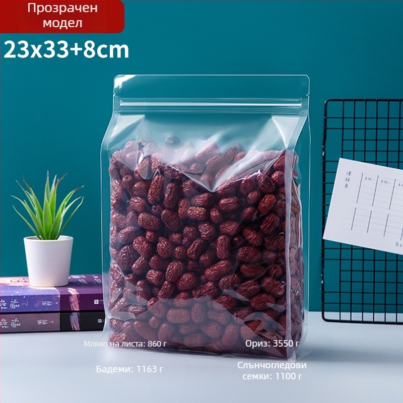 Прозрачен самостоятелен пакет с осемстранично запечатване, матов завършек и цип (PET+PE; хранителна опаковка; дължина на запечатване 5–20 cm; лиценз Guangdong XK-16-204-11317)