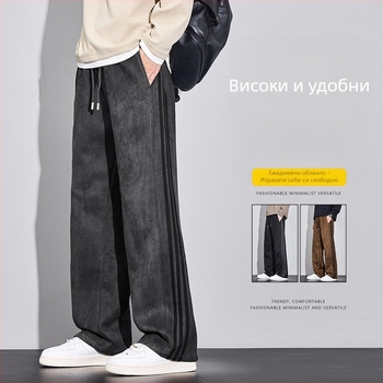 Спортно-ежедневни панталони с три ленти, прав модел, средно висока талия, закопчаване с връзка, полиестер-еластанова смес