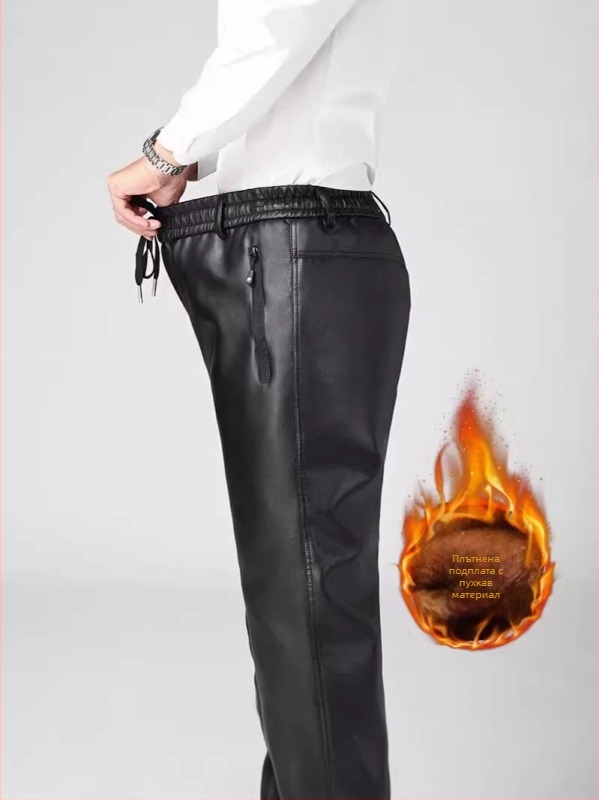 Мъжки PU кожени панталони с подплата от полиестров, едноцветни, прав силует, средна талия, дебели зимни панталони