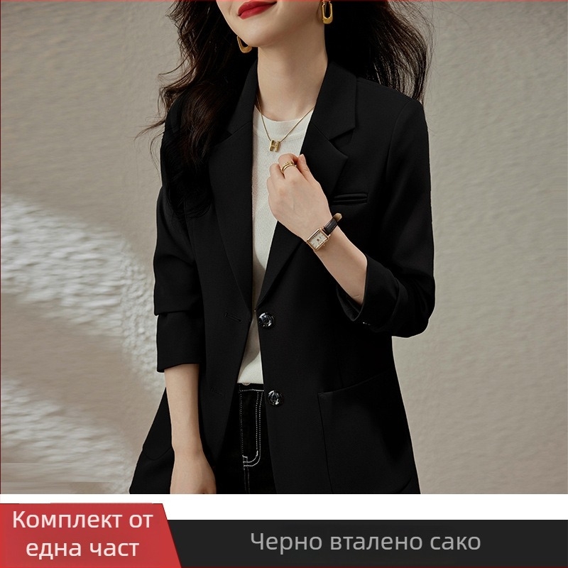 Дамско сако за костюм със средна дължина, полиестер-еластанова смес, едноцветно, едноредово закопчаване, костюмска яка