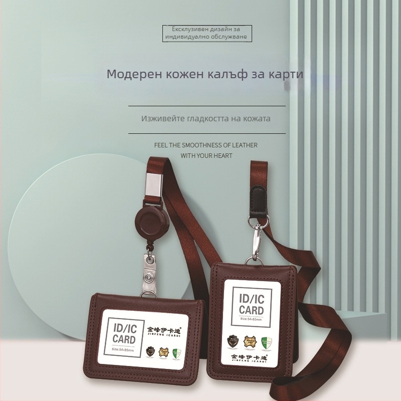 Дръжач за карти от естествена кожа с телескопичен шнур за служебна карта