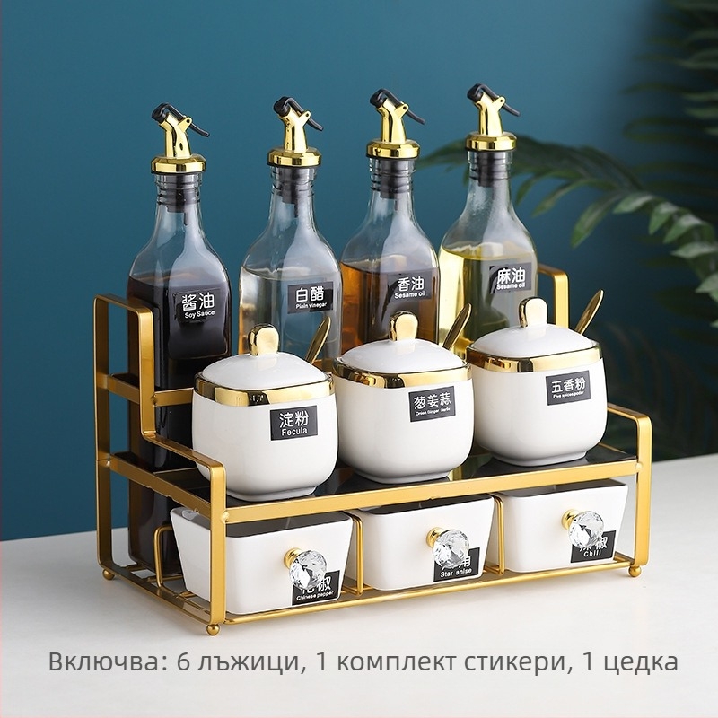 Керамичен комплект съдове за подправки — бурканчета за олио, сол, сос и оцет