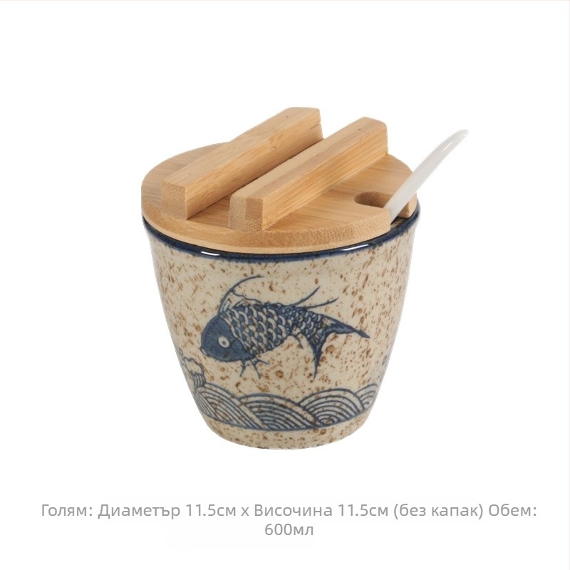 Керамичен релефен комплект бурканчета за подправки с капаци и отворено горло, японски стил, сол и пипер