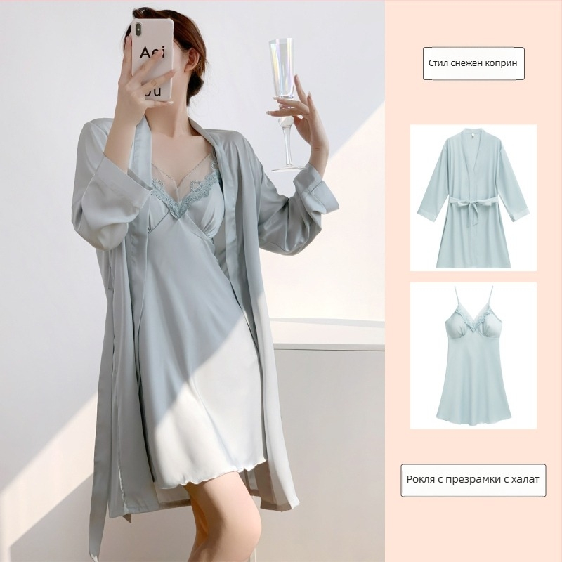 Нощница от ледена коприна за жени — секси презрамки със подплънка за бюста, 90–95% полиестер, пролет 2025