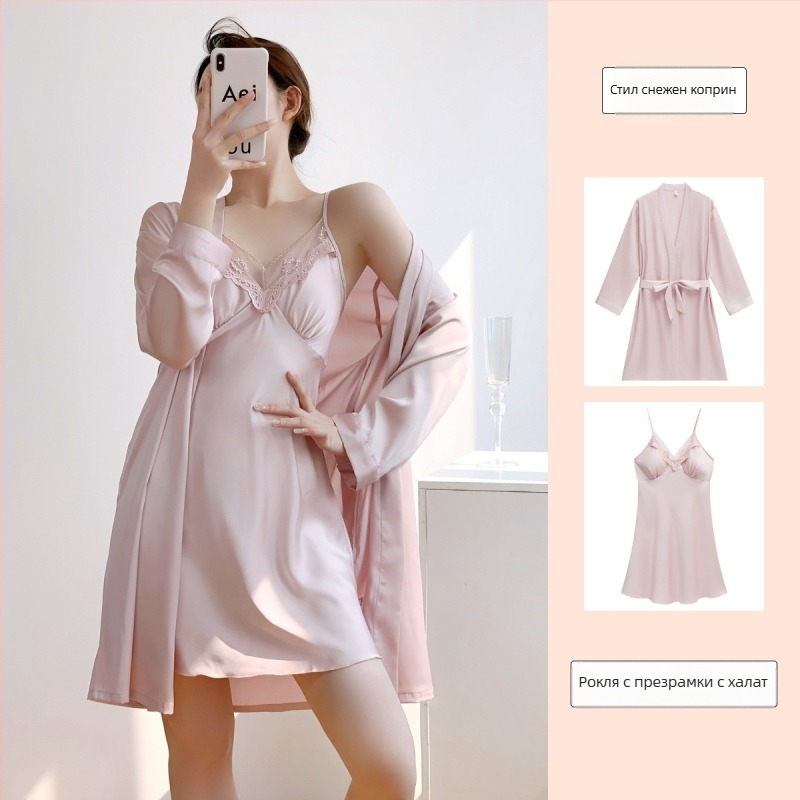 Нощница от ледена коприна за жени — секси презрамки със подплънка за бюста, 90–95% полиестер, пролет 2025