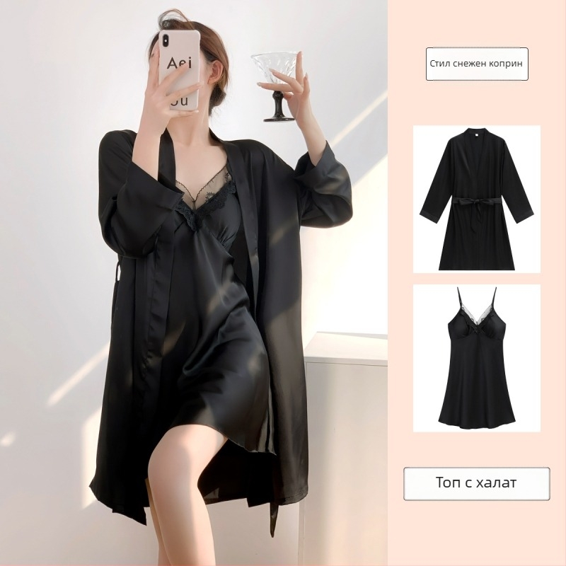 Нощница от ледена коприна за жени — секси презрамки със подплънка за бюста, 90–95% полиестер, пролет 2025