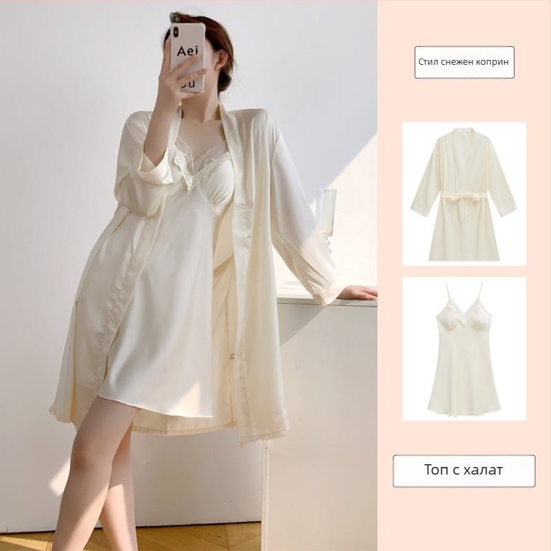 Нощница от ледена коприна за жени — секси презрамки със подплънка за бюста, 90–95% полиестер, пролет 2025