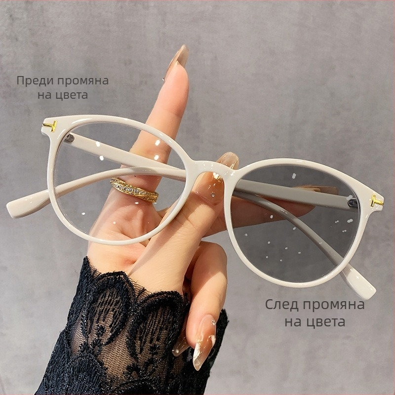 Очила за четене с кръгла пълна рамка, PC лещи, фотохромни и анти‑синя светлина, с възможност за рецептурни лещи