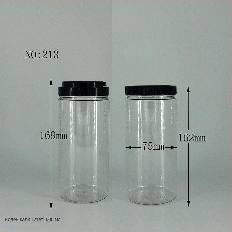 PET прозрачно цилиндрично шише с дръжка и капак с широк отвор за ежедневни химически продукти, печат на лого
