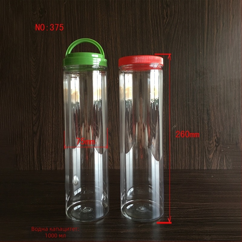 PET прозрачно цилиндрично шише с дръжка и капак с широк отвор за ежедневни химически продукти, печат на лого