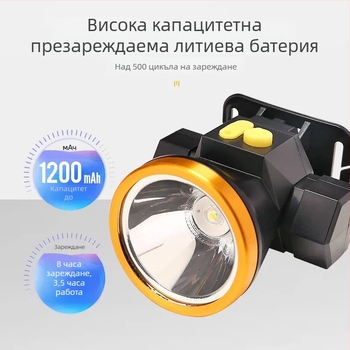 LED челник за къмпинг и работа - презареждаем, 1800mAh батерия, 1W LED, ръчно зареждане, обхват 100-200 m