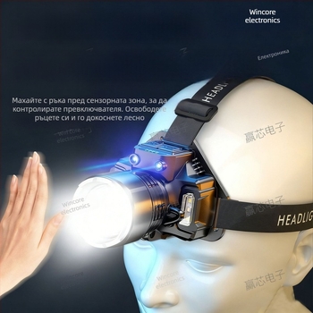 LED фенер за глава, 5W LED, вградена 3000mAh презареждаема батерия, зарядно включено, обхват 100–200 м