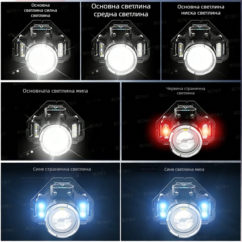 LED фенер за глава, 5W LED, вградена 3000mAh презареждаема батерия, зарядно включено, обхват 100–200 м