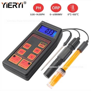 Портативен pH метър с ORP за аквариуми и аквакултура, диапазон pH 0.00-14, ±1999 mV, точност 0.01 pH, 1 mV, захранване 9V.