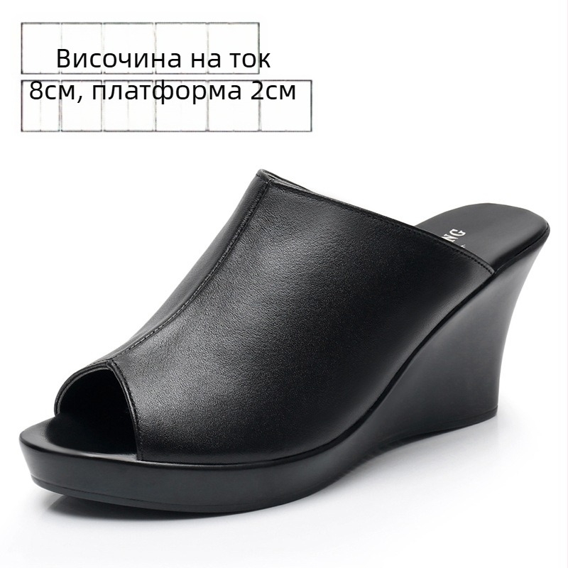 Дамски кожени клиновидни сандали с платформа, върхът от първокачествена телешка кожа, PU подметка, вътрешност от имитационна кожа, ретро стил