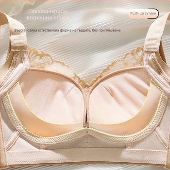 Дантелено найлоново бюстие без жило, безжично, 3/4 чашка, модел с тънък горен и по-долен долен кант, фиксирани двойни презрамки, задно закопчаване с четири реда куки