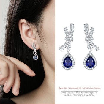 Обици с дизайн панделка, лабораторно култивиран сапфир, сребро 925, полирано покритие