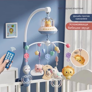 Бебешка въртяща се музикална играчка за креват с функция за окачване — успокояваща помощ за сън, визуална стимулация, слухово развитие; Марка: Ybr/Youbein; Възраст: 0–3 години; Материал: пластмаса
