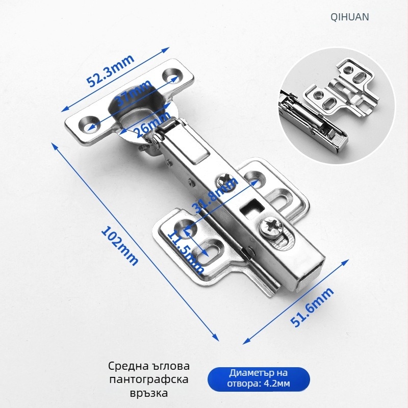 Хидравличен шкафен шарнир с демпфиране за плавно отваряне, никелиран корпус от студено валцована стомана, за дървени врати/гардероби