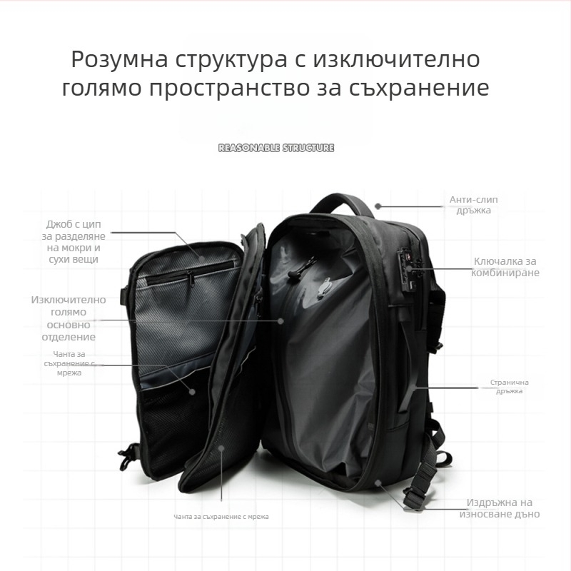 Airback мъжка раница за бизнес пътуване с вакуумно компресиране, дишаща мембрана, 20–35 л, разширяема, презрамки с въздушна възглавница
