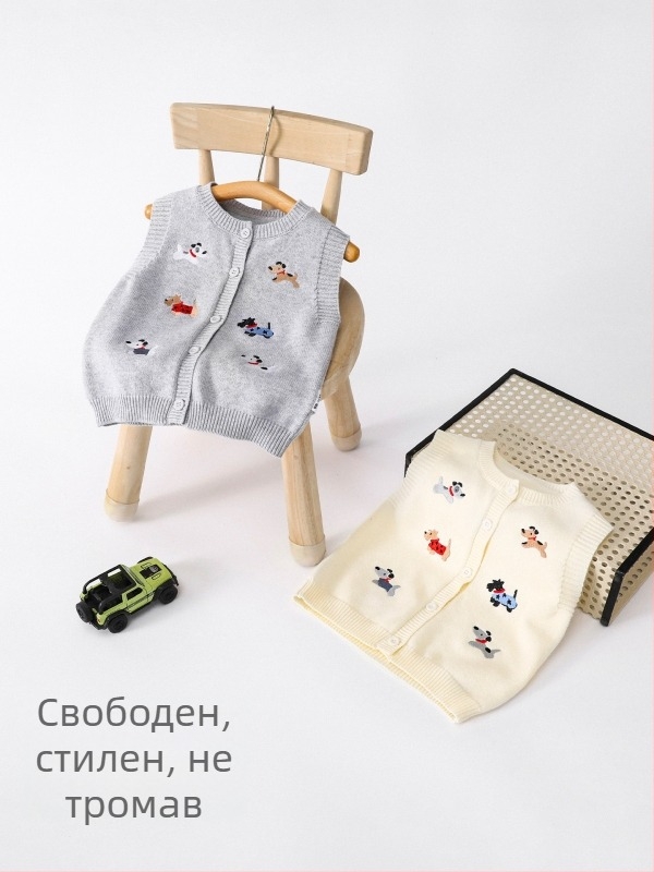 Детска плетена жилетка с открита предна част, ежедневен стил, памук 89,3% (за възраст 1–3 г; сезон: зима/пролет/есен; безопасност: клас А)