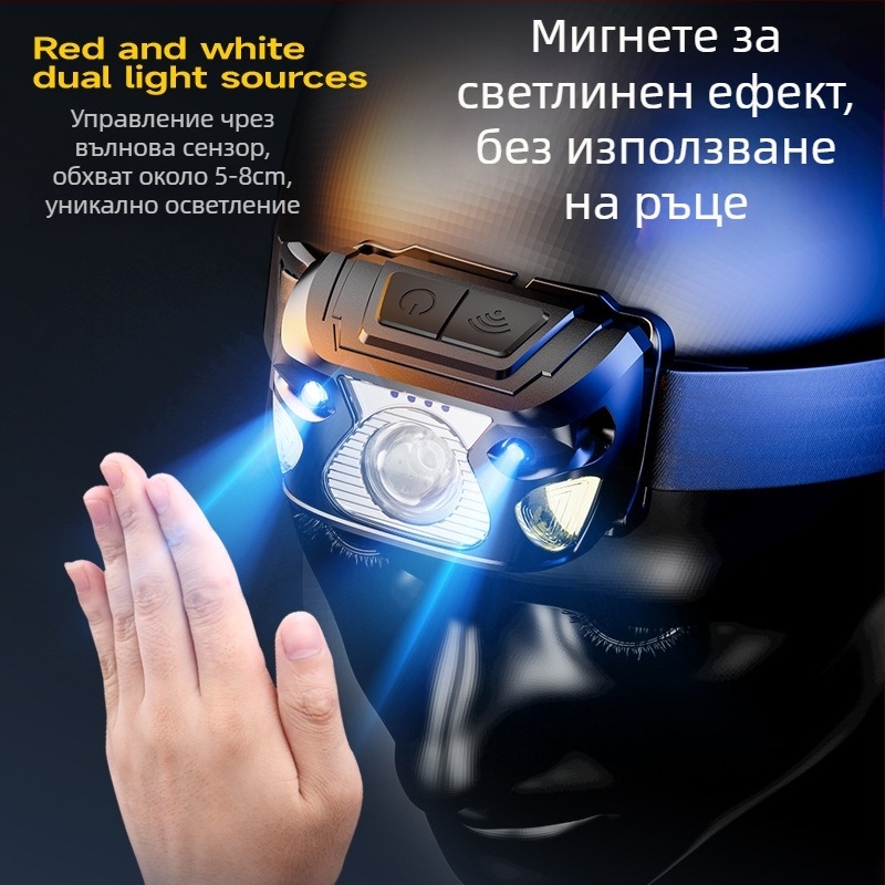 LED сензорна челна лампа с дълъг живот на батерията, USB зареждане, 5W LED, 800 mAh батерия, подходяща за риболов, туризъм и нощно каране на велосипед
