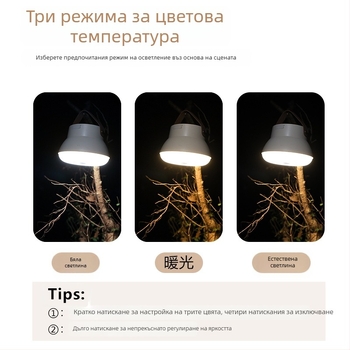 Кампинг LED лампа за палатка със висящ държач, презареждаща се, 3.7V, 10W, бутон за включване