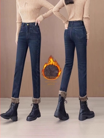 Дамски дънки от деним с подплата от флис, висока талия, тесен силует, дебели и еластични, пълна дължина