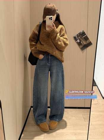 Дамски дънки с висока талия, дебел деним с велурен ефект, прав крачол, текстура с бръчки (деним памук 95%+)