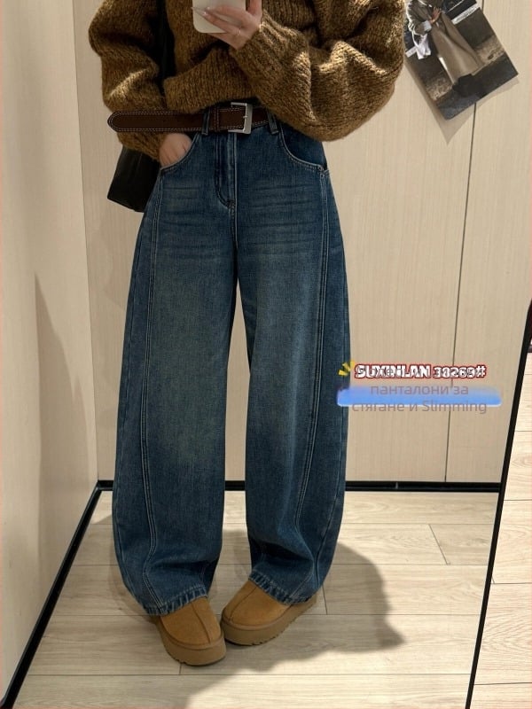 Дамски дънки с висока талия, дебел деним с велурен ефект, прав крачол, текстура с бръчки (деним памук 95%+)