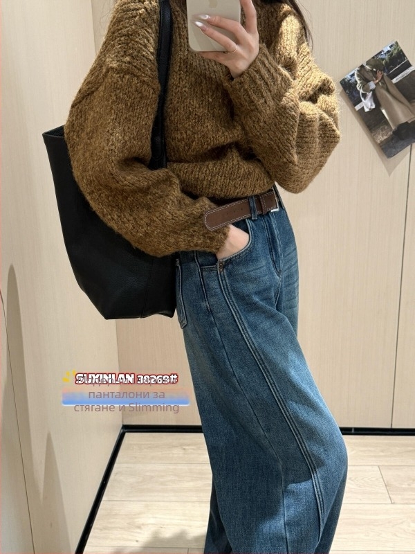 Дамски дънки с висока талия, дебел деним с велурен ефект, прав крачол, текстура с бръчки (деним памук 95%+)